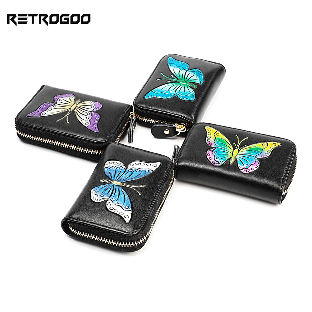 RETROGOO Dompet Kecil Tempat Kartu Kulit Asli RFID Dompet Koin Ritsleting Tas Clutch Wanita Tas Uang Wanita Dompet Kupu-kupu Wanita