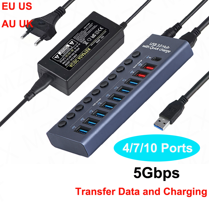 USB 3.0 Hub prise commutateur 4 6 10 ports concentrateur multi-robinet multi-ports Station d'accueil chargeur alimentation Multiple Type C