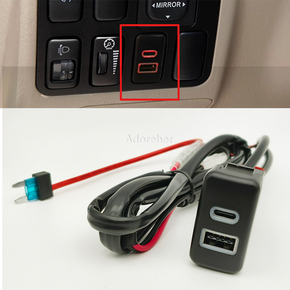QC3.0 pengisi daya cepat mobil ganda, soket antarmuka pengisi daya USB PD tipe-c cocok untuk Toyota Old FJ Cruiser Prado LC120