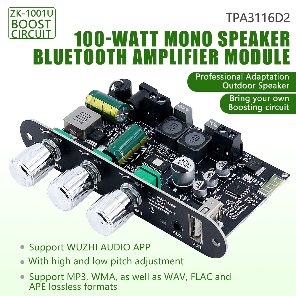 ZK-1001U 100W Mono Bluetooth Amplifier Board With Boost Circuit TPA3116D2 AUX USB Inpu Support TWS DC 9–24V