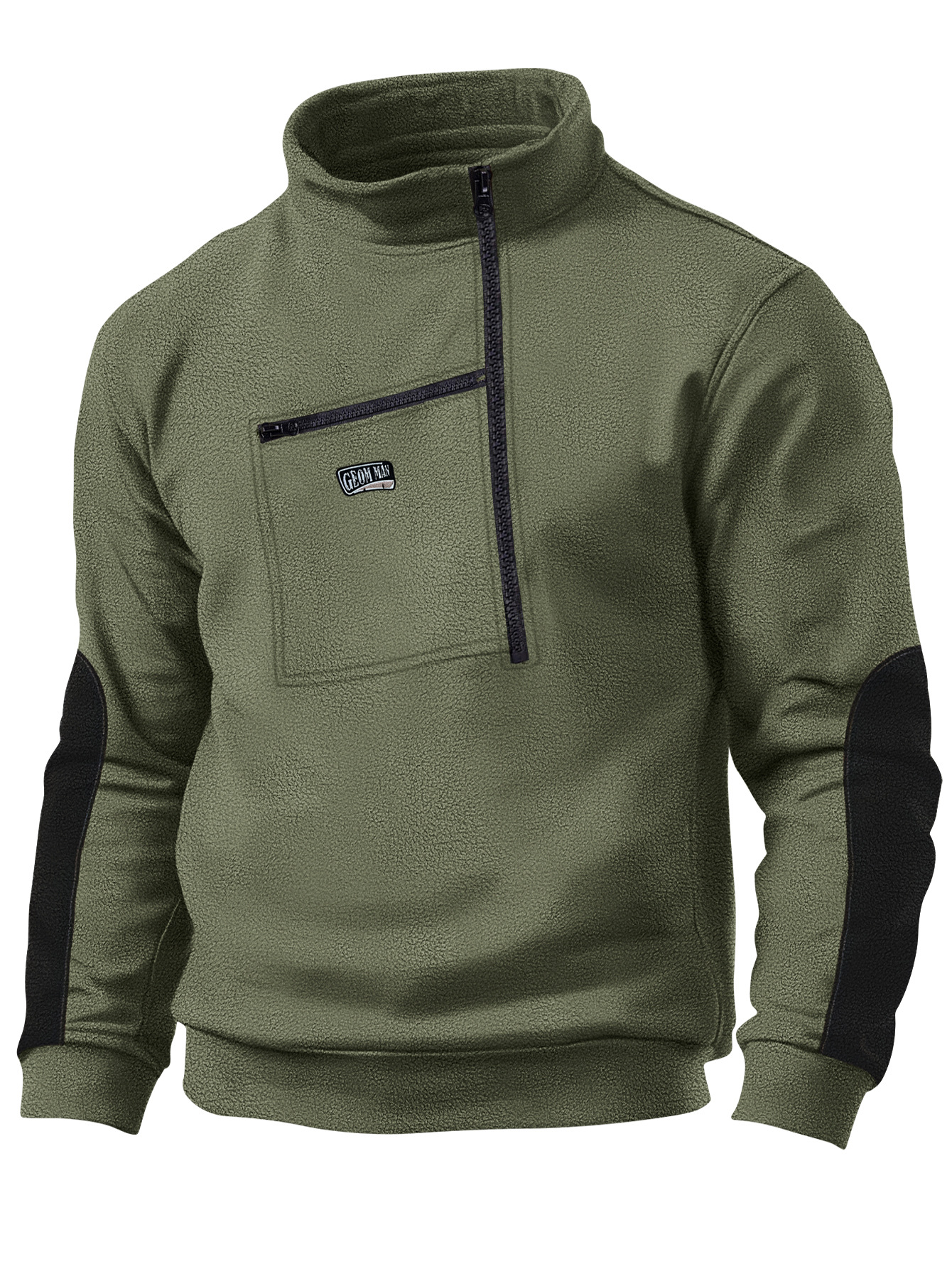 Jersey con capucha bordado y bolsillo táctico de manga larga con media cremallera y cuello levantado de lana informal para otoño e invierno para hombre