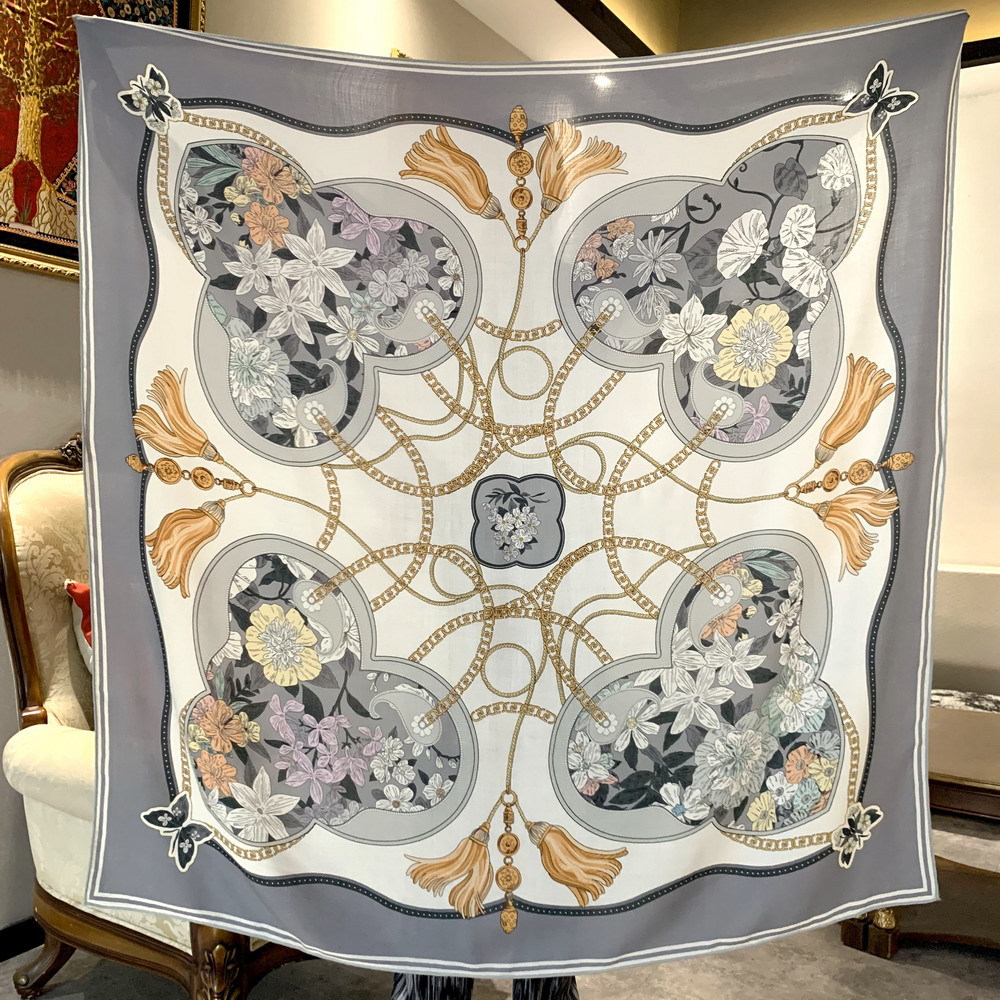 Double Print Mulberry Silk Scarf Rollerd Edges Square Wool Scarves Wraps Large Bandanas Stole 135CM Lover Christmas Gift