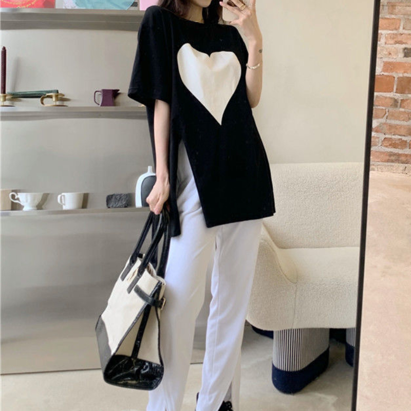 Camisetas con abertura lateral para mujer, diseño sencillo, Popular, estilo coreano, universitarias, combina con todo, ropa de calle básica diaria, Tops informales