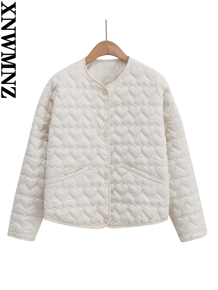 XNWMNZ 女性のファッション 2023 秋/冬ハートパッド入りジャケット女性 O ネック長袖ポケット多用途女性コート