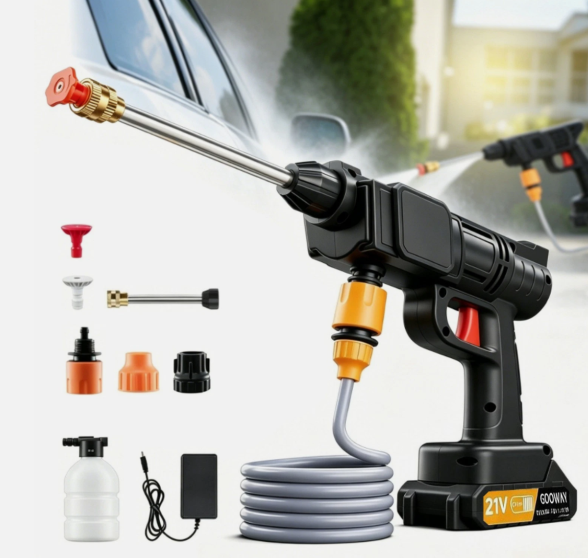 Cordless High Pressure Washer, Portable High Pressure Washer, Electric Car Wash Machine, 1500W High-Power Motor, Includes 3 Multi-Function Nozzles, 2 Batteries, 5m Hose, 1 Charger, Ideal for Car Washing And Yard Cleaning