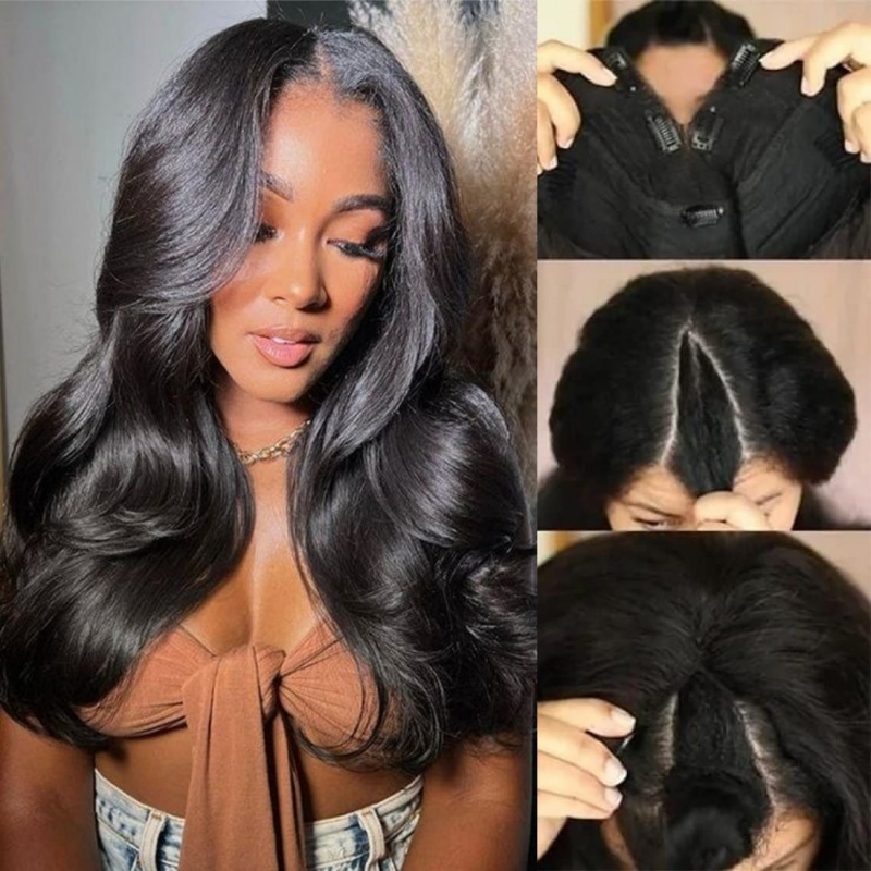 Peluca de cabello humano con ondas corporales en forma de V para mujeres, sin pegamento, brasileña, color natural, densidad 250, hecha a máquina, pelucas en forma de V de 30 y 36 pulgadas