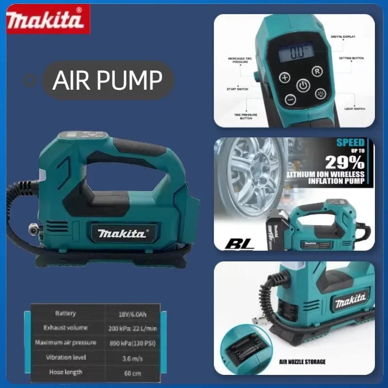 Makita Przenośna Bezprzewodowa Pompka Ręczna Kompresor Powietrza Inflator do Opon 18V Akumulator Elektryczny do Opon Samochodowych Rowerowych Pił