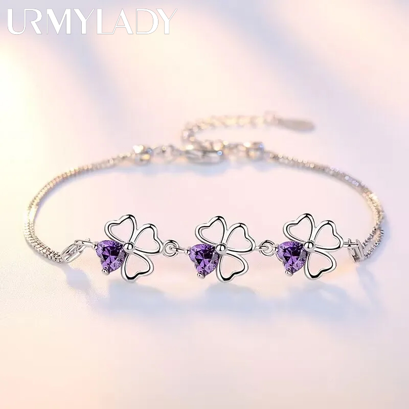 Nuevas pulseras finas de Plata de Ley 925 con cristal púrpura de trébol de la suerte para mujer, accesorios de moda para fiesta y boda, joyería de 17CM + 4CM