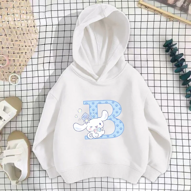 Sanrio Cinnamoroll-sudaderas con capucha para niños, sudaderas con letras A B C D, ropa para niñas, jersey Kawaii, camisetas informales de dibujos animados de Anime para niños