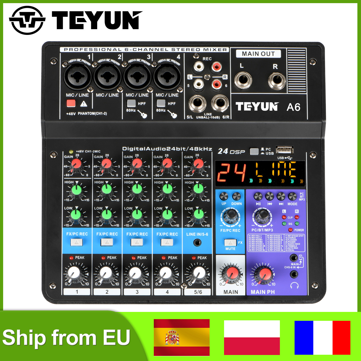 TEYUN-Mixer Áudio Bluetooth Portátil, Consola de Mistura de Som, Guitarra, Reprodução USB, Gravação, Computador, Estúdio A6, 24 Digital Effect, 6 Canais