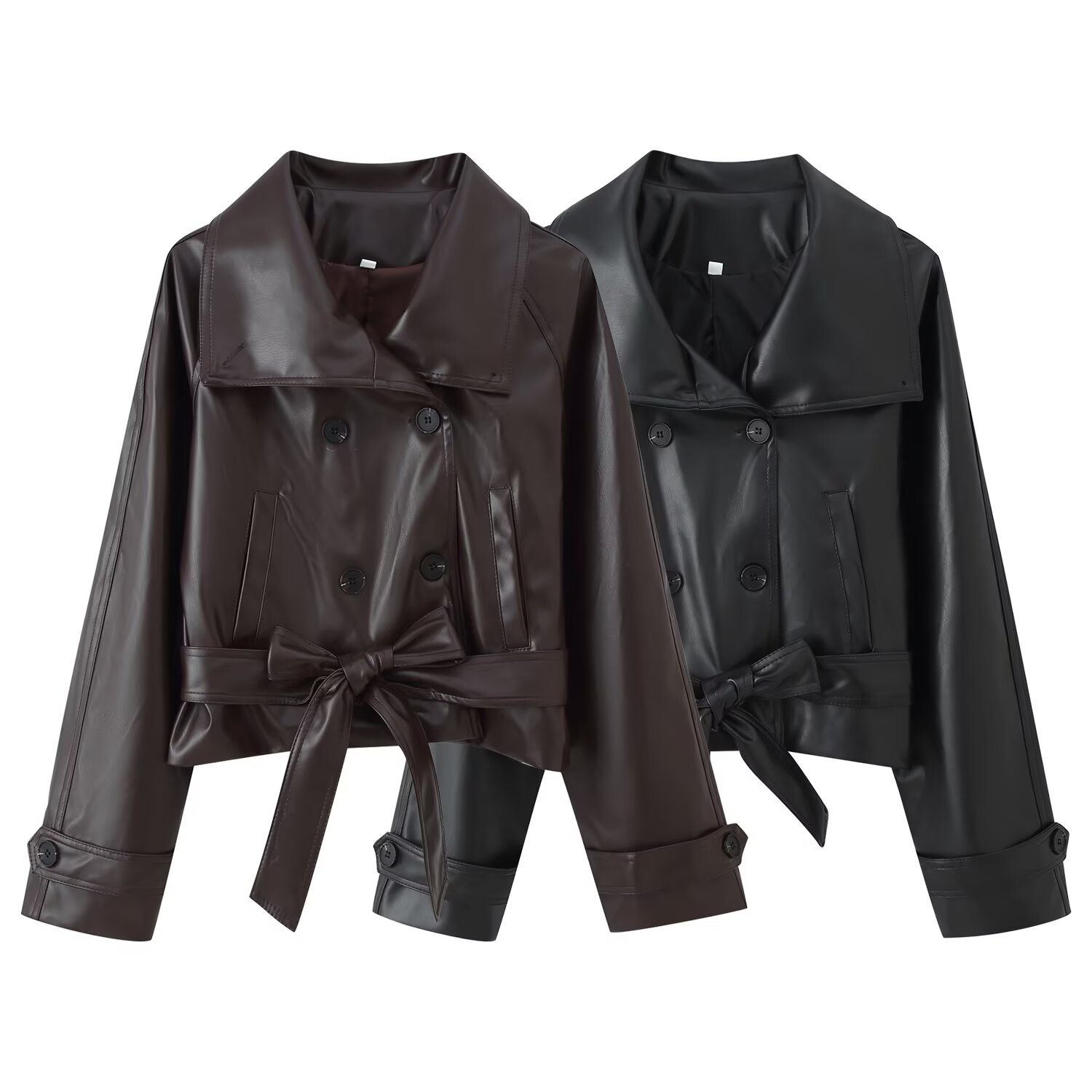 Street Women's Cropped Leather Jackets With Belt Lapel Double Breasted Pockets Long Sleeve Coat Autumn Lady Vintage Outwear
