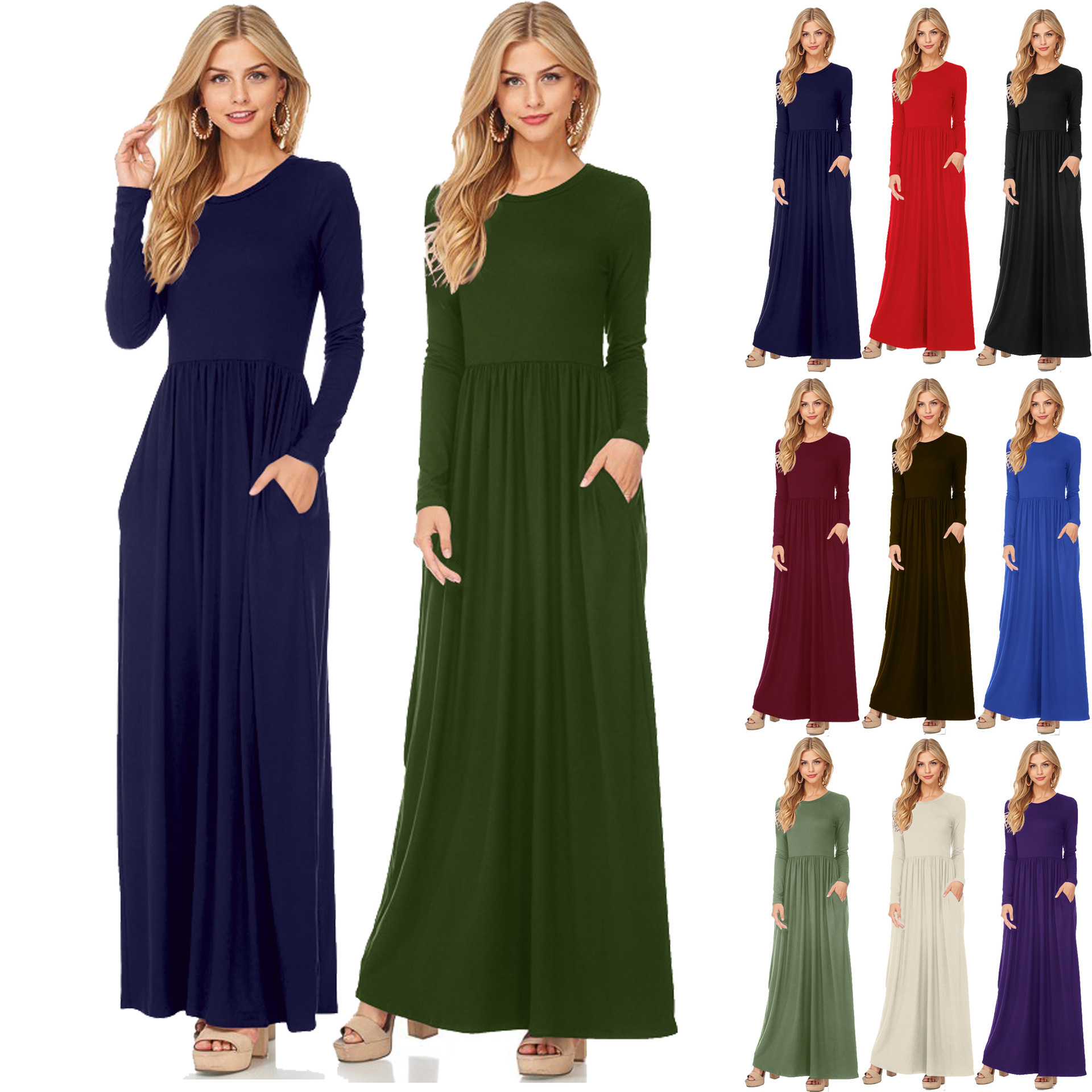 ชุด Maxi ของผู้หญิงฤดูร้อนสบายๆ adies แขนยาวความยาวชุดแฟชั่น O คอหญิงกระโปรงยาว Street Wear