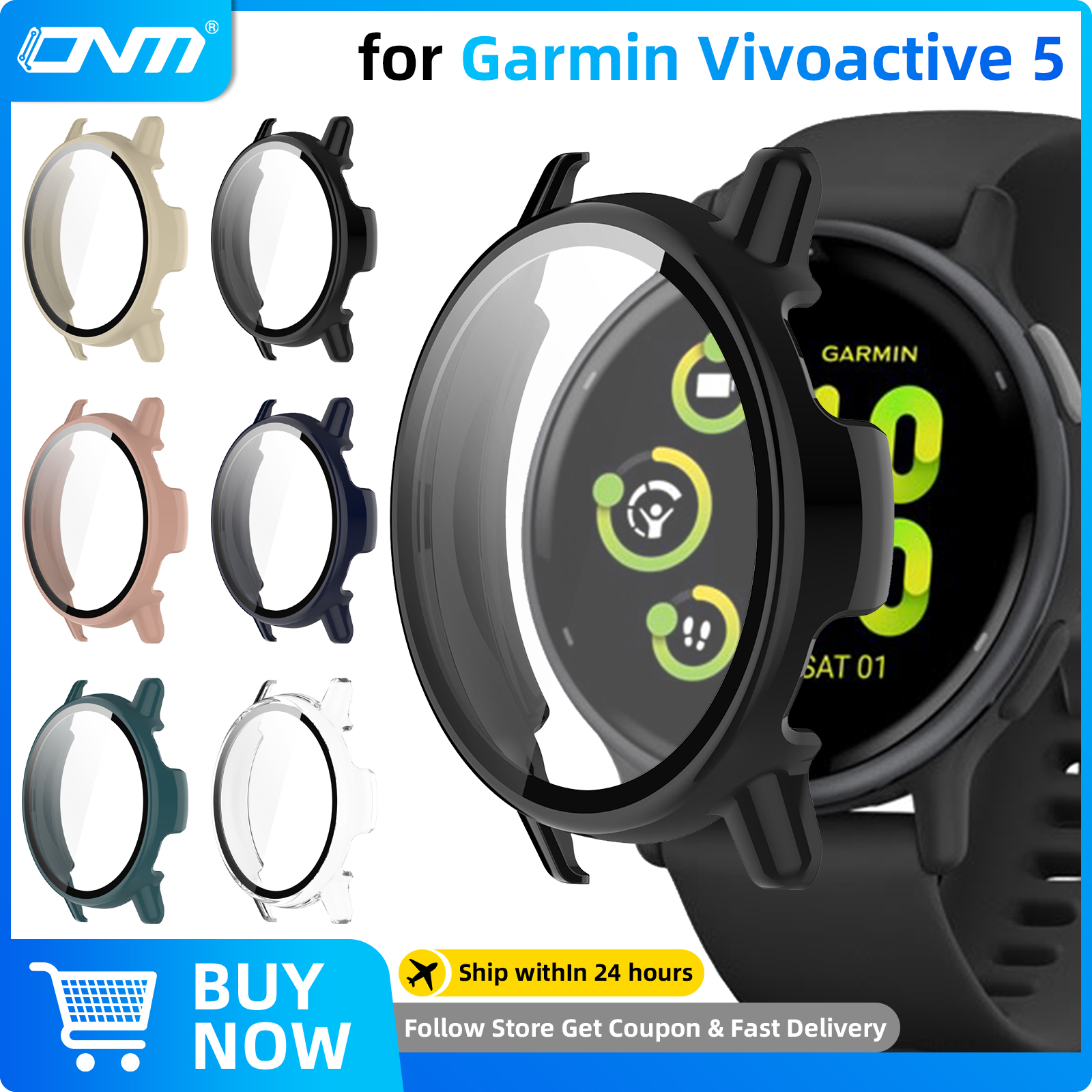 Funda de PC Premium + vidrio templado para Garmin Vivoactive 5, película protectora de pantalla antiarañazos y accesorios de cubierta protectora de parachoques