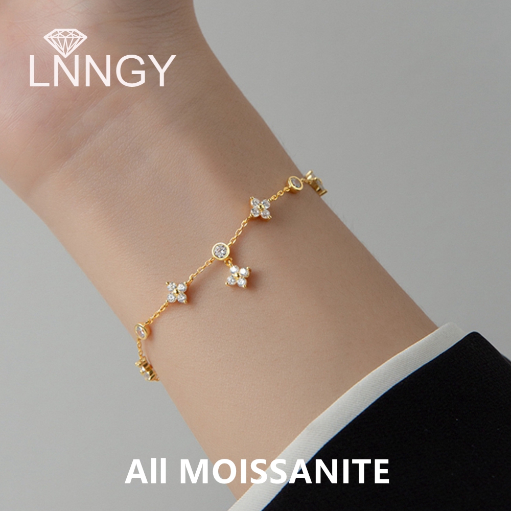 Lnngy Bracciale Moissanite con certificato Braccialetti a catena regolabili con fiore a quattro foglie in argento sterling 925 per donna Tendenza 2025
