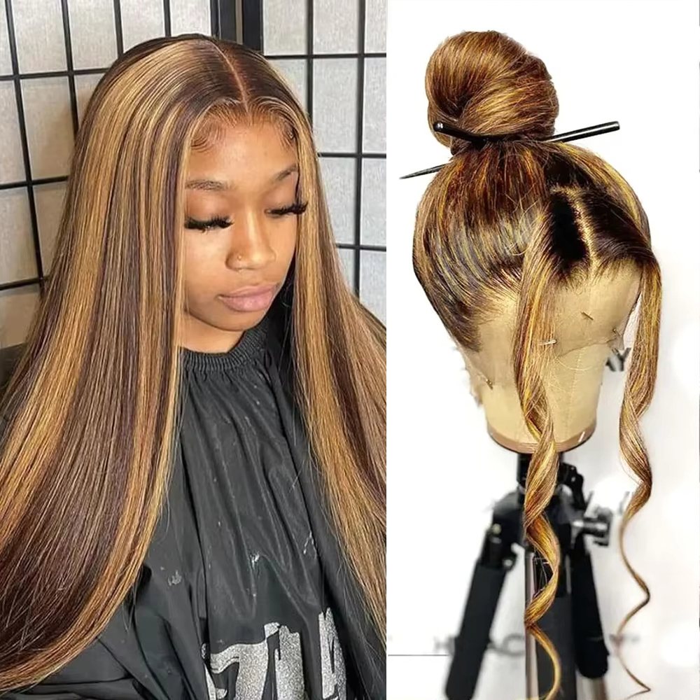 Peruka z ludzkich włosów, prosta, 30-42 cale, pełna peruka typu full lace front z pasemkami 360, 250% gęstości, kolor 4/27 miodowy blond, brazylijska peruka typu lace frontal 13x6.