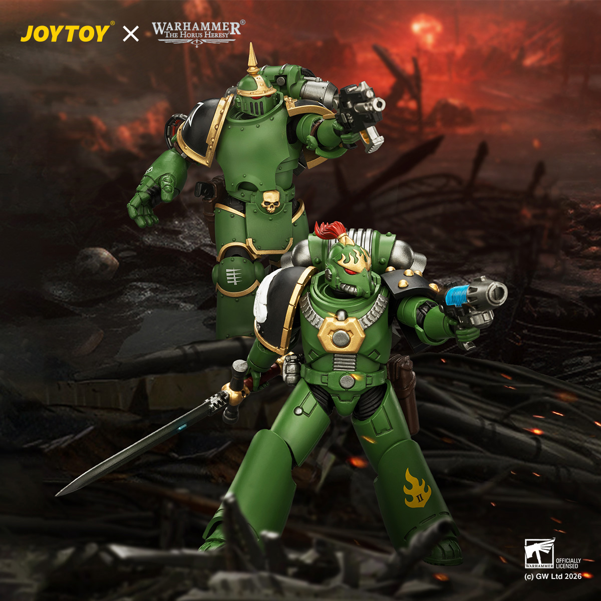 Figuras de Ação JOYTOY Warhammer "The Horus Heresy" 1/18, Legionário Tático Salamanders MK III com Pistola de Plasma e Pistola Bolt