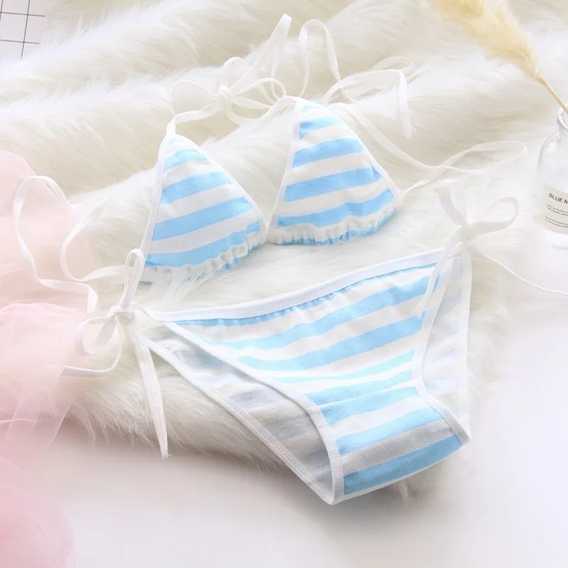 Japão lingerie sexy lolita kawaii azul rosa branco listrado mini biquíni adulto cosplay sutiã feminino conjunto de roupa interior frenum maiô