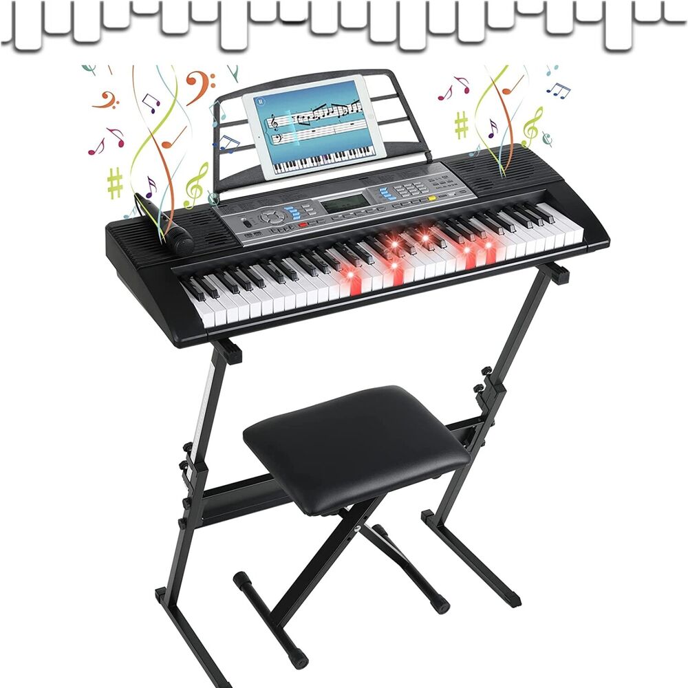 61-toetsen keyboard piano, elektrische piano keyboard voor beginners met X-standaard, kruk, dubbele voeding, LCD, bladmuziekstandaard, MP3/USB