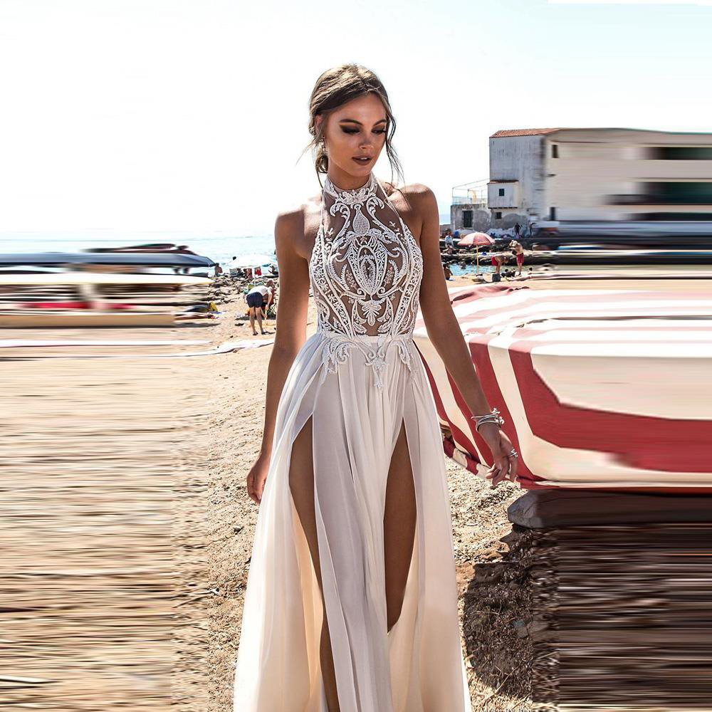 Vestido de novia de playa con abertura lateral alta, Sexy, bohemio, Top de encaje, falda de gasa, Vestido de novia largo sin espalda para mujer