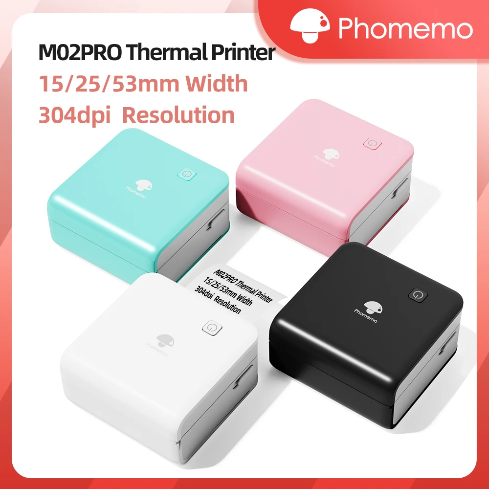 Phomemo เครื่องพิมพ์แบบพกพาขนาดเล็ก M02Pro แบบไร้สาย300dpi การพิมพ์แบบไร้หมึก15/25/50/53มม. สำหรับติดฉลากได้ง่าย