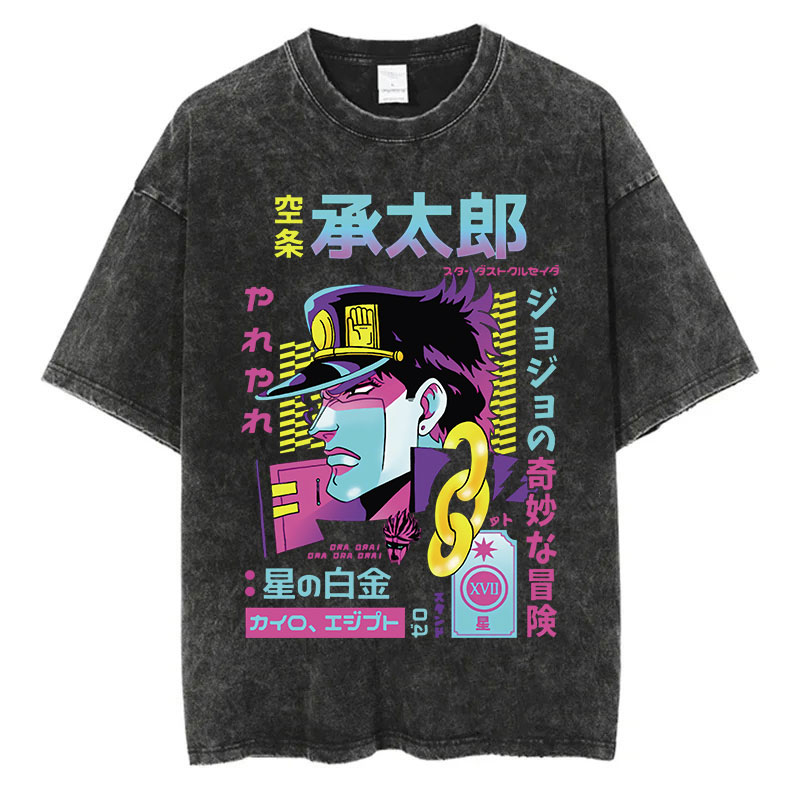 Vintage dicuci TShirt pria musim panas Hip Hop Streetwear T-shirt Bizarre Adventure Anime cetak katun kasual lengan pendek Tshirt