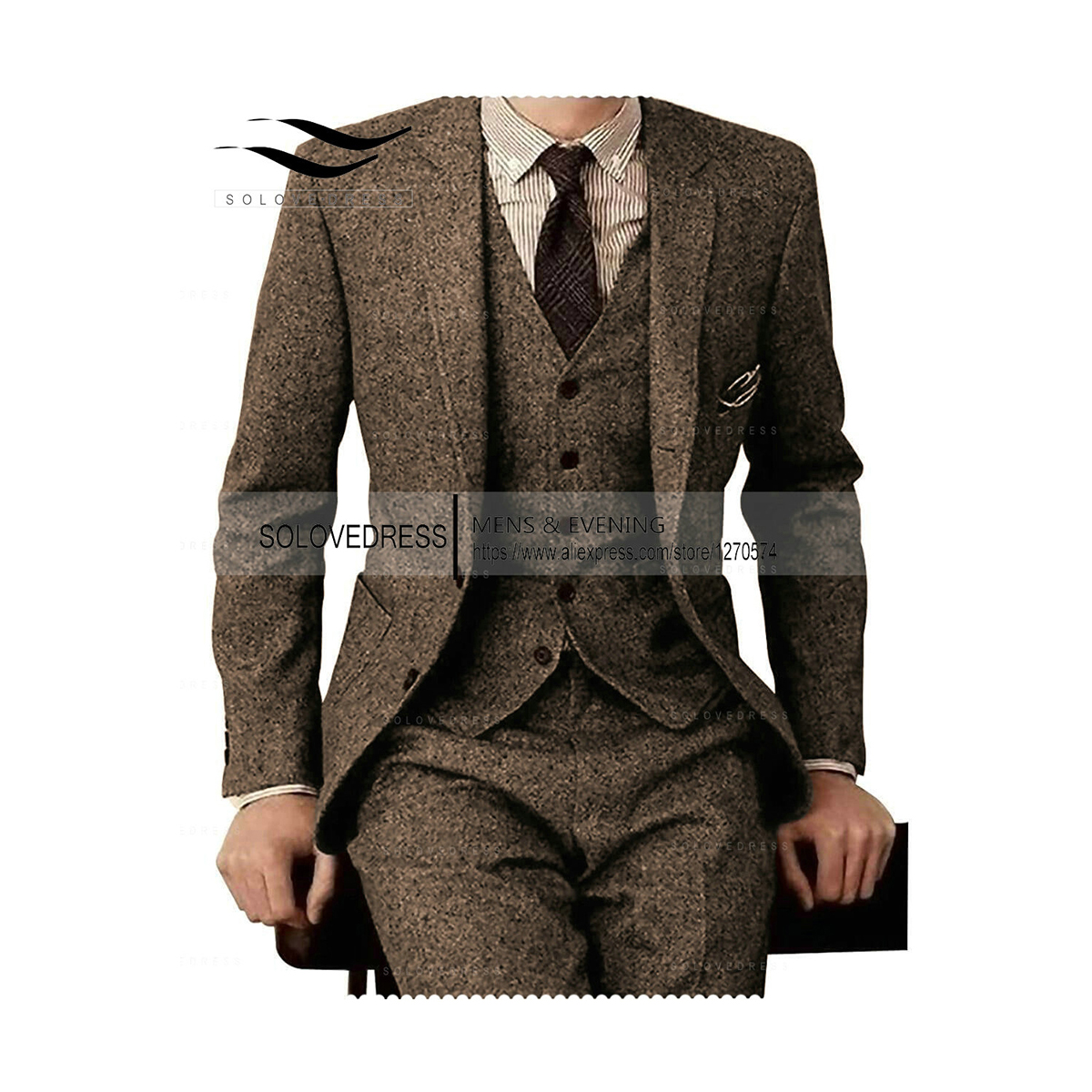 Bruin Tweed Mannen Suits 3 Stuks Formele Pak Set Custom Gentle-Mens Bruidegom Trouwjurk Blazer Suits (jas + Broek + Vest)