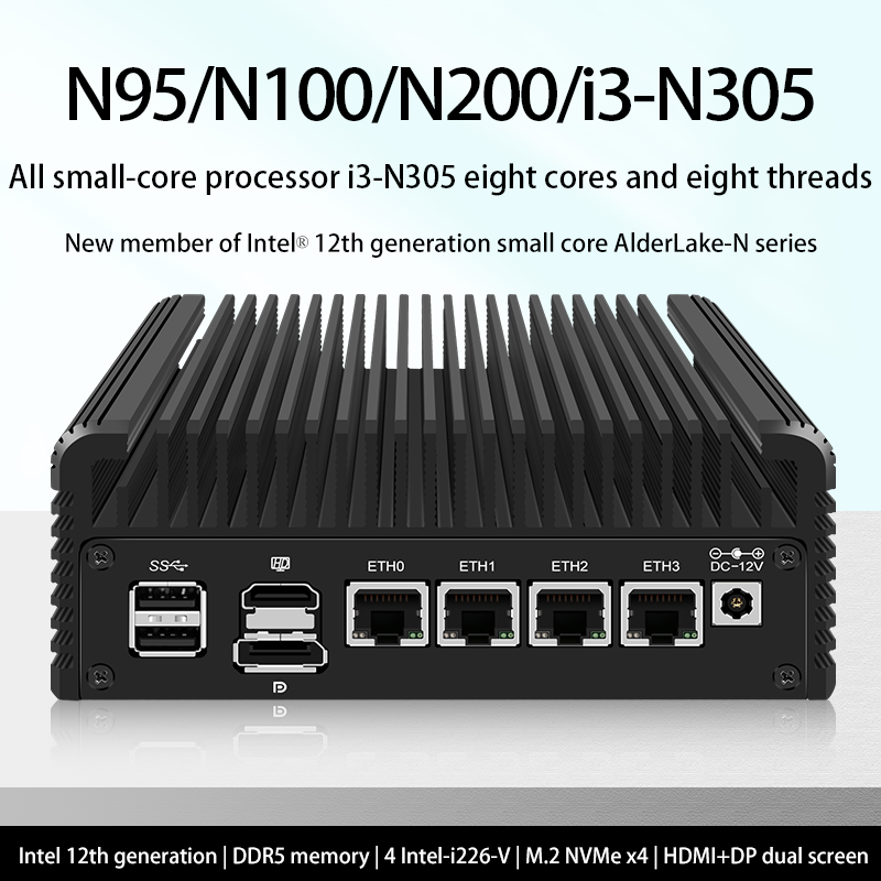 Mini PC Intel Firewall de 12ª generación, Alder Lake i3 N305, 8 núcleos N200 N100, enrutador suave sin ventilador Proxmox DDR5, 4800MHz, 4xi226-V, 2,5G