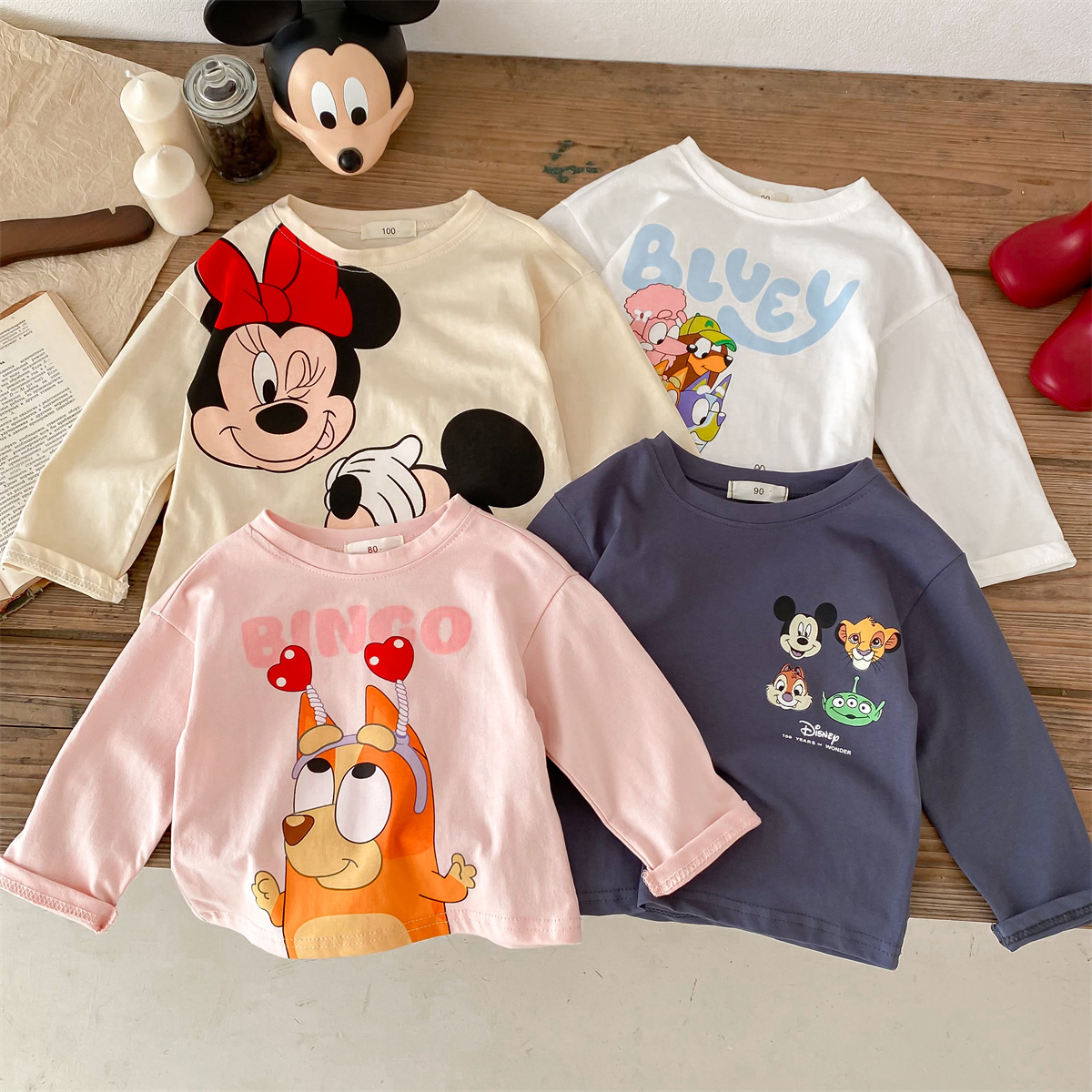 Marca na moda disney crianças camiseta de manga comprida topos primavera/outono roupas crianças camisa de fundo dos desenhos animados crewneck menina blusa