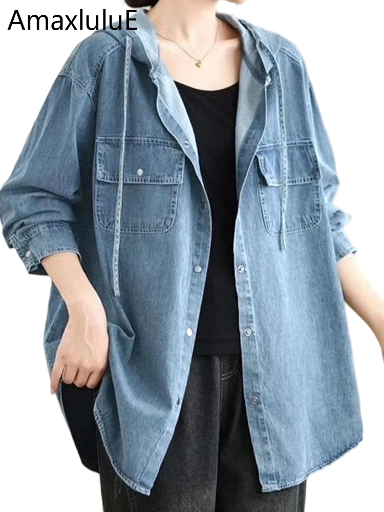 Amax LuluEฤดูใบไม้ร่วง2025หลวมสบายๆHooded Denimเสื้อผู้หญิงวินเทจหญิงคลาสสิกขนาดใหญ่เสื้อแฟชั่นอังกฤษPunk Tops