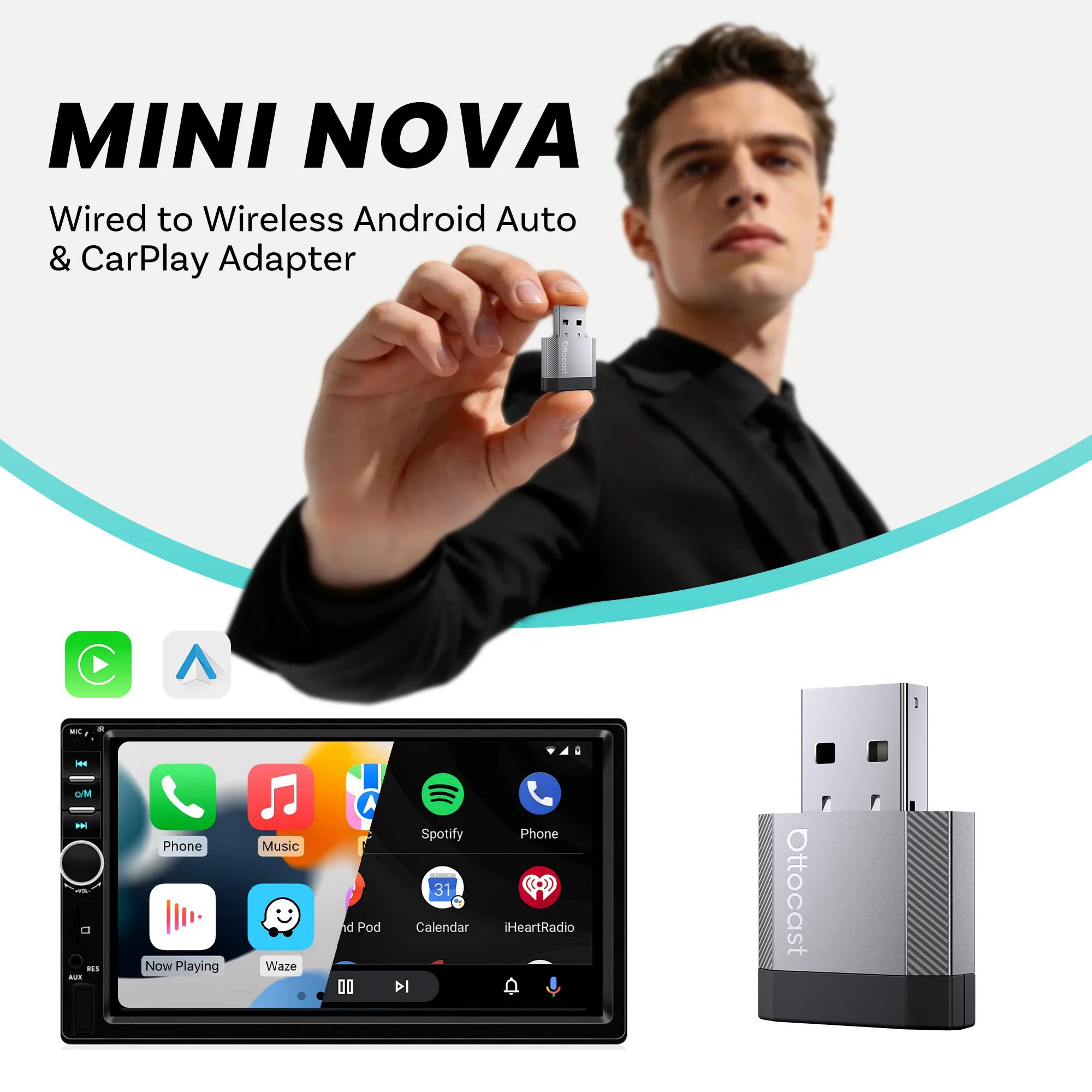 Adaptateur CarPlay Android Auto OTTOCAST Mini Nova filaire vers sans fil 2 en 1, accessoires de voiture pour Benz Audi VW Kia Toyota
