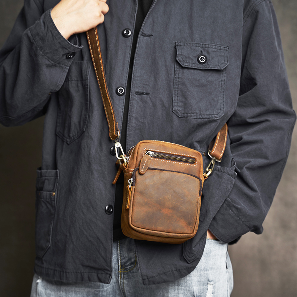 Echt Lederen Heren Schoudertas Vintage Stijl Kleine Tas Grote Capaciteit Heuptas Mobiele Telefoon Tas Crossbody Tas