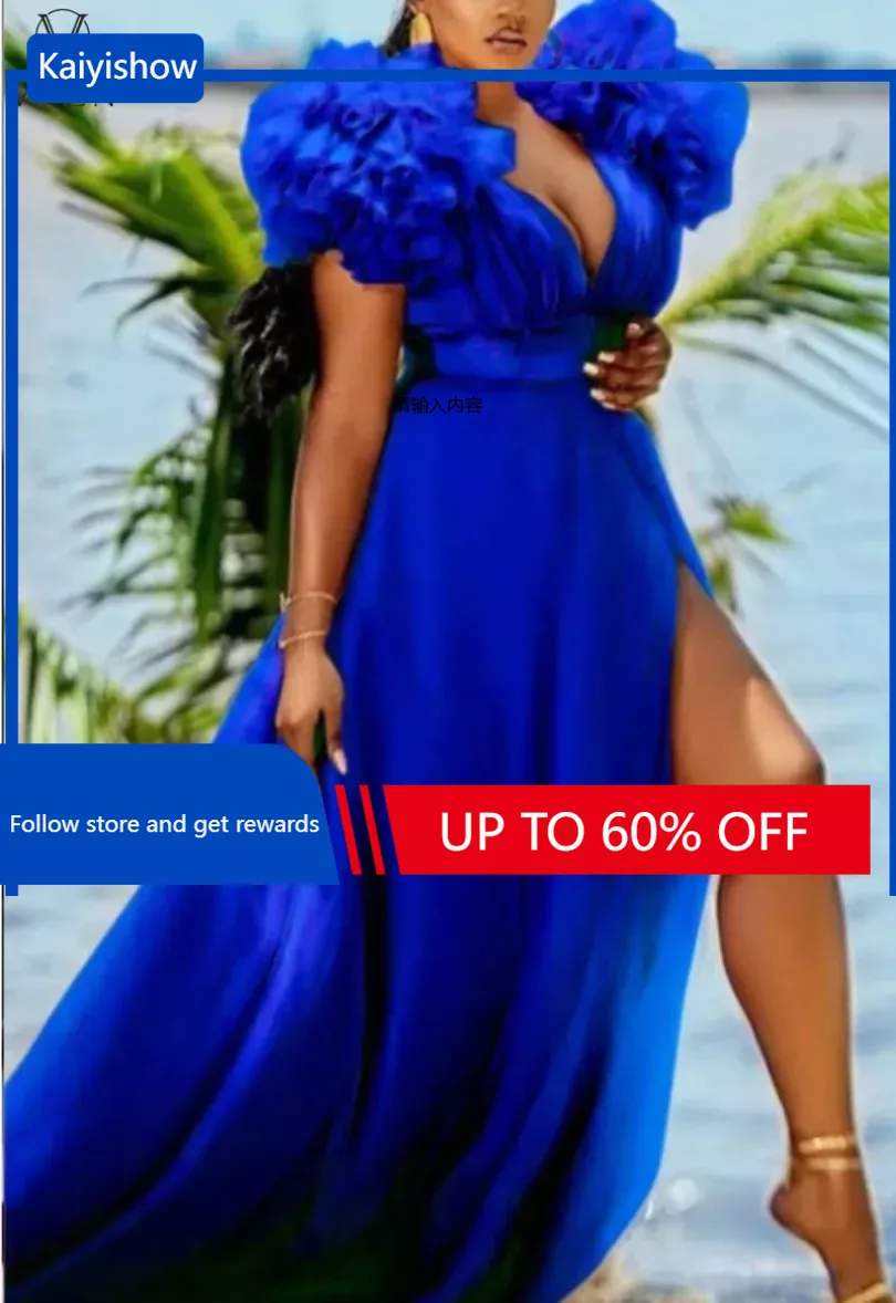 Dostosowane DostosowaneCute Blue White Ruffles Tulle Ball Gowns for To Birthday Long Party Dresses Sexy Deep V Neck Puff Sleeve Ma