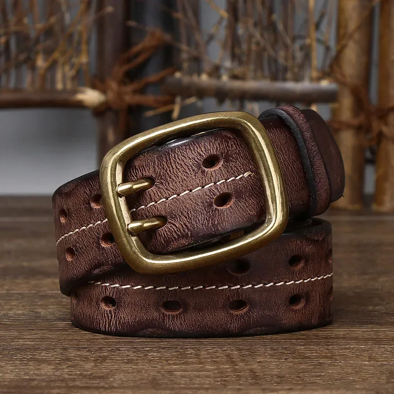 Cinto de couro genuíno para homens, pele de vaca pura, bronze, cobre, fivela de pino de agulha dupla, luxo, grosso, retrô, jeans masculino, 3,8 cm