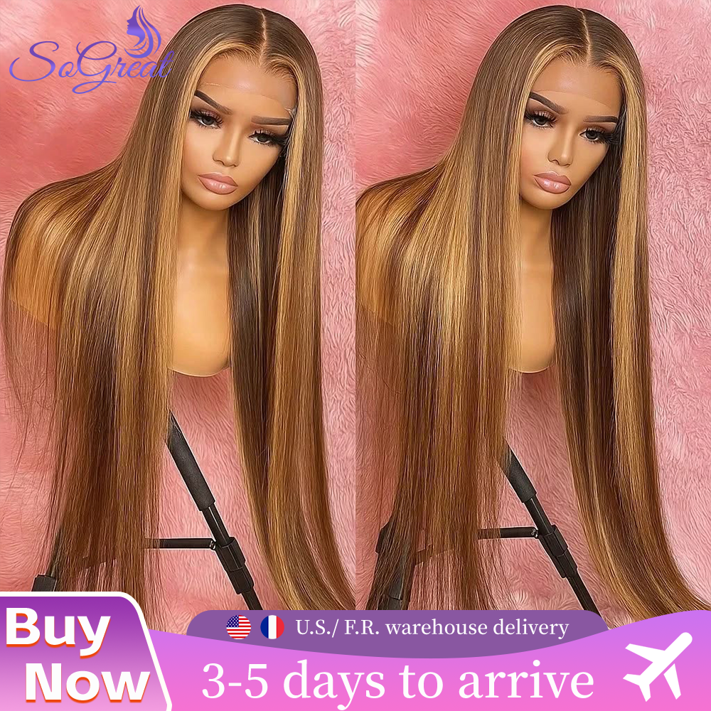 Парик Cypha Ombre Lace Front из натуральных волос, 28 дюймов, 13x6, прямой, с мелированием, 180% плотность, цвет 4/27, медный блонд, HD Lace Frontal, для женщин, без клея, предварительно пророщенный, с детским волосом