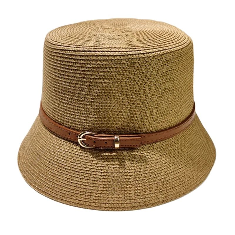 Frauen Sommer Eimer Hut Gürtel Dekoration UV-Schutz Sonnen kappe weibliche flache Strand Hut Sonnen hüte Strohhut Derby Reise