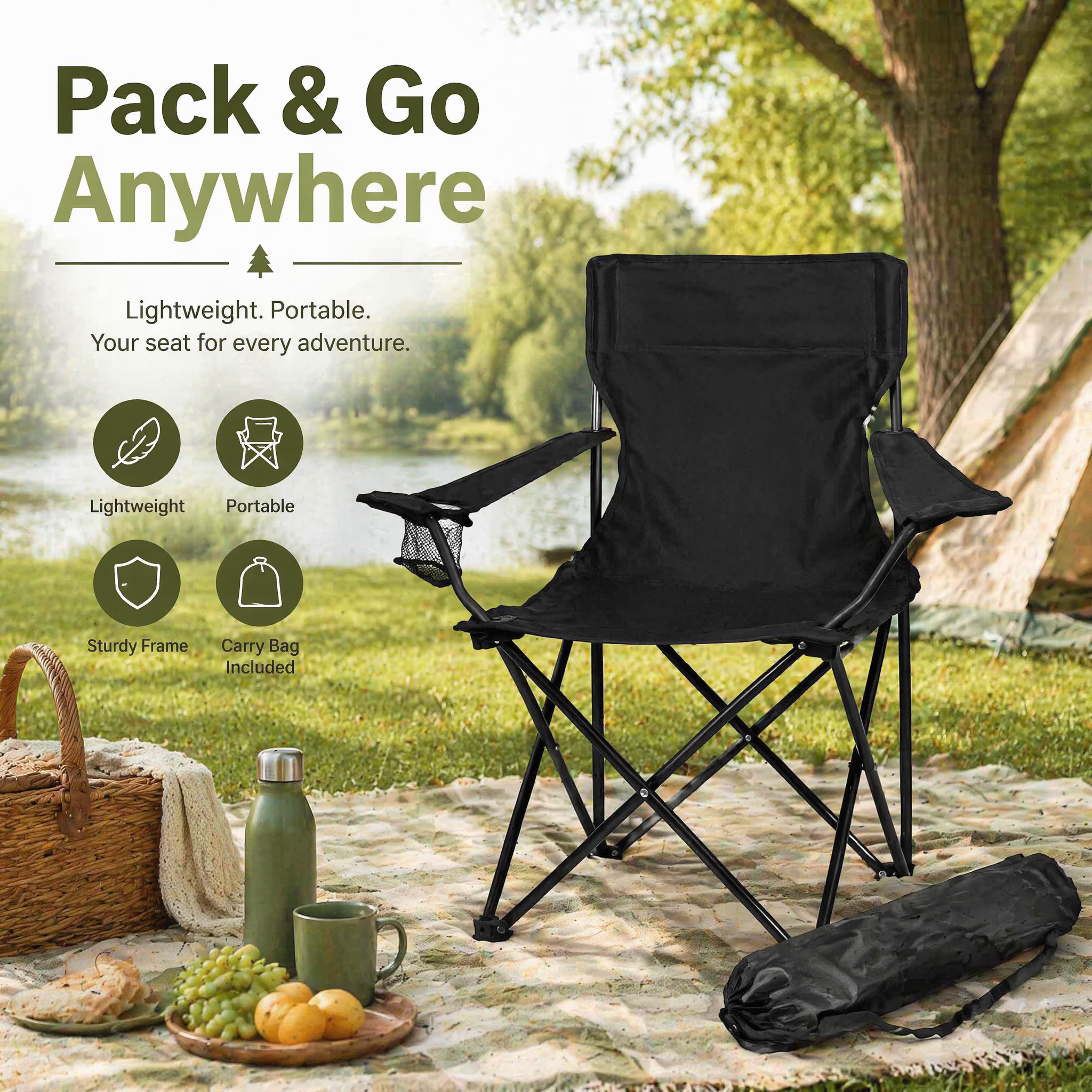Silla Plegable para Camping, Silla Portátil Ligera para Jardín, Playa, Picnic, Senderismo, Pesca, Compacta con Bolsa de Transporte