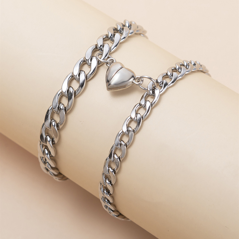 2 unids/set pulseras de pareja magnéticas pulsera de atracción de corazón encanto de acero inoxidable cadenas cubanas simples cerradura de llave regalos de joyería