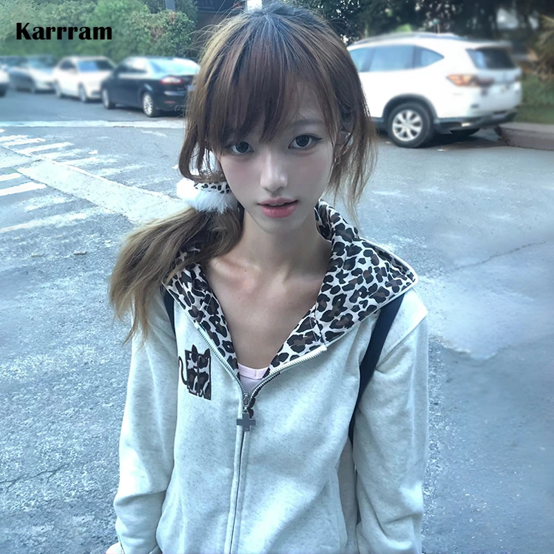 Karrram Japanese Y2k Devil Hooded Jacket 2000s Style Puppy Print Outerwears Vintage Harajuku Thin Zipper Coat American Retro 90s