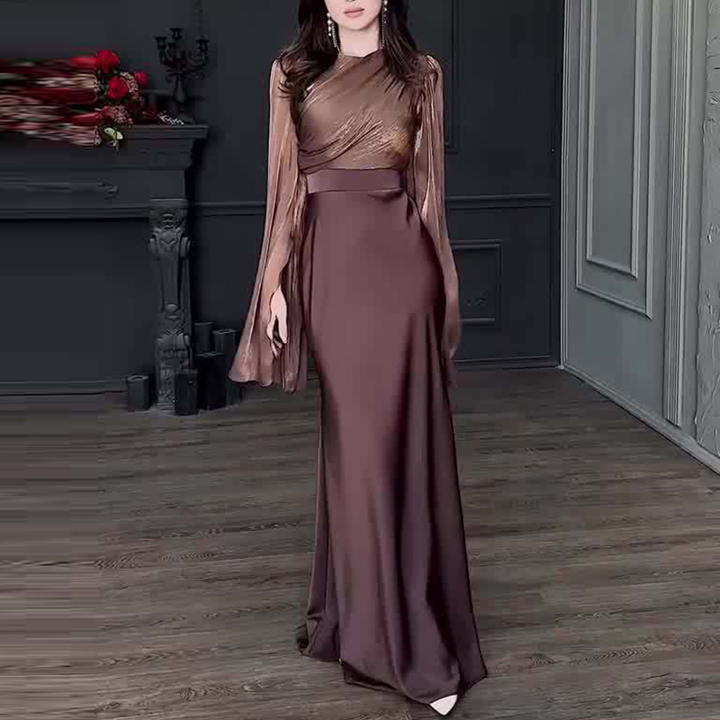 วินเทจผู้หญิงเอวสูงซาตินชุดยาวใหม่สุภาพสตรีอารมณ์ลูกเรือคอชุดหรูหราบางแขนยาวชุดจัดเลี้ยง