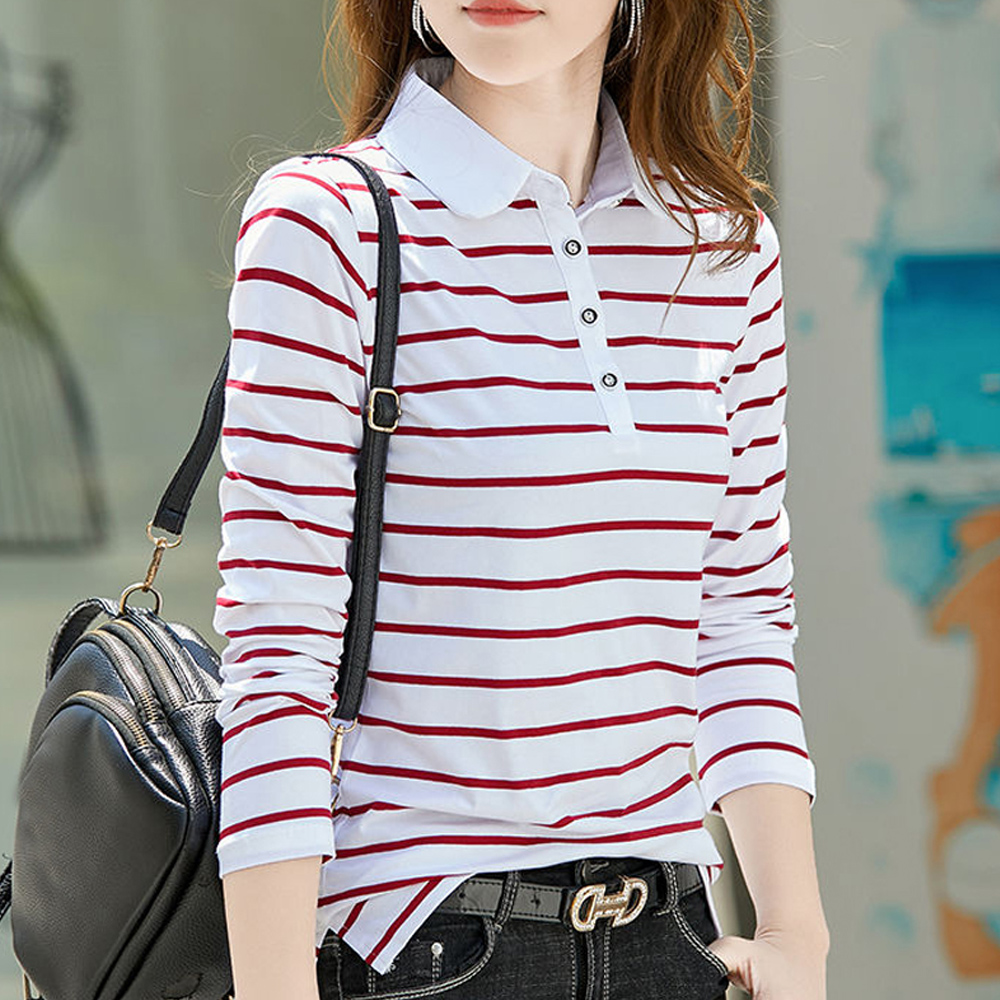 T-shirt w paski z klapką dla kobiet na wiosnę i jesień nowa modna koszulka polo z długim rękawem dla kobiet koszula z czystej bawełny