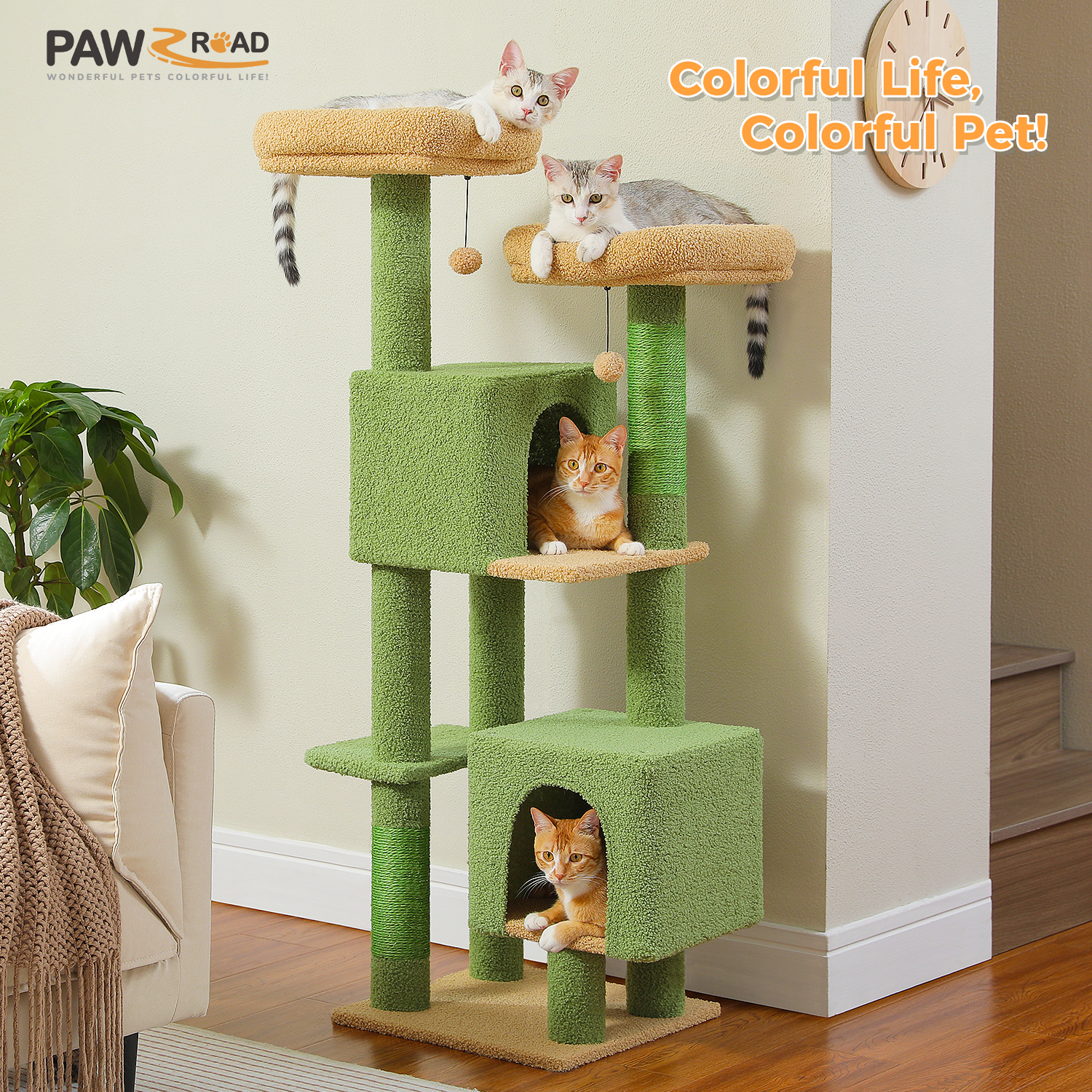 Árbol para gatos con cactus, torre para gatos de 133 cm para gatos de interior, lindo árbol para gatos con 2 perchas acolchadas, 2 condones y 2 postes para rascar
