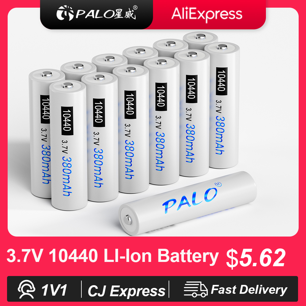 PALO 3.7V 10440 แบตเตอรี่ 380mAh ปุ่มด้านบน 10440 แบตเตอรี่ลิเธียมแบบชาร์จไฟได้ AAA แบตเตอรี่ Li-Ion แบบชาร์จไฟได้พร้อมเคส AAA