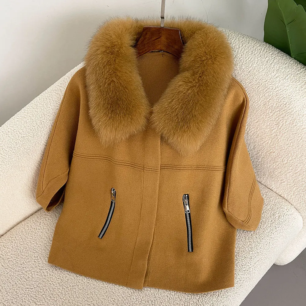 Suéter de punto Popular brasileño para mujer, Chaqueta corta de piel de zorro Natural con cuello de piel de zorro, otoño e invierno, 2024, envío gratis