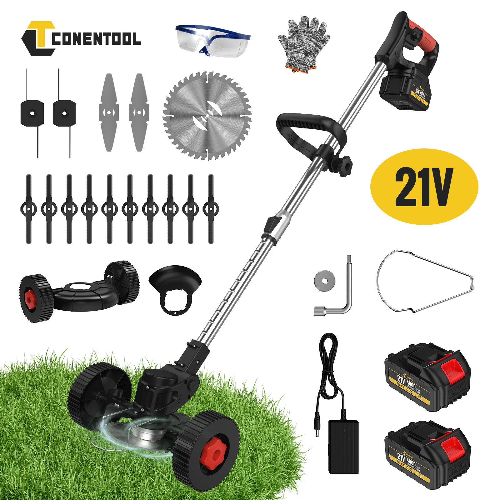 Conentool 24V Draadloze Strimmer-Grasmaaier Tuinstrimmers Met 2*2000Mah Accu 'S En 15 Messen, Grastrimmers
