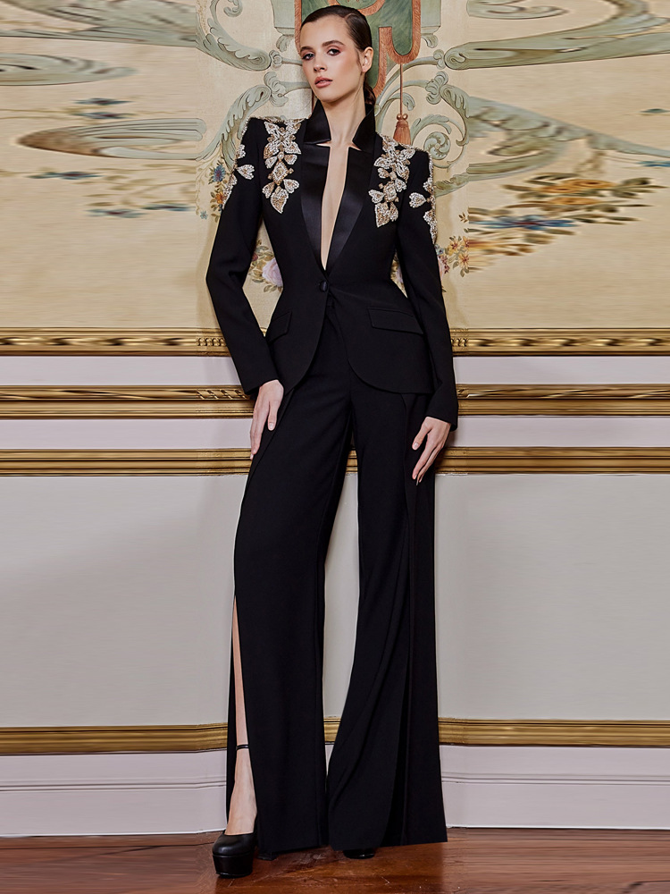 HIGH STREET Nieuwste 2026 Designerpak Dames Geborduurde Diamanten Opstaande Kraag Enkelknoops Blazer Wijde Pijpen Broek Set 2-delig