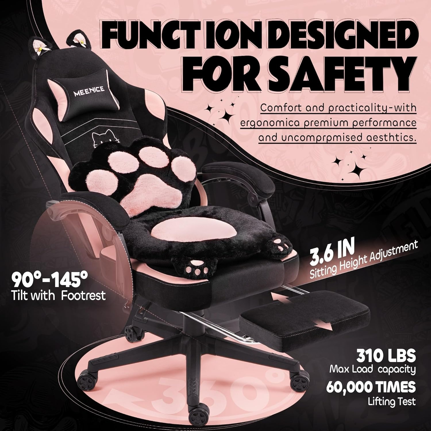 Kursi Gaming Pink Lucu dengan Telinga & Bantalan Kaki Kucing, Kursi Komputer Ergonomis yang Dapat Direbahkan dengan Sandaran Kaki, Dapat Disesuaikan