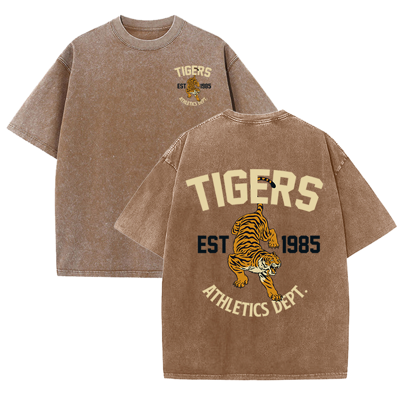 Kaus Wanita Gambar Cetak Olahraga Tigers Est 1985 Kaus Retro Kasual Musim Panas Atasan Kaus Cuci Salju Pakaian Jalanan Retro Uniseks Longgar