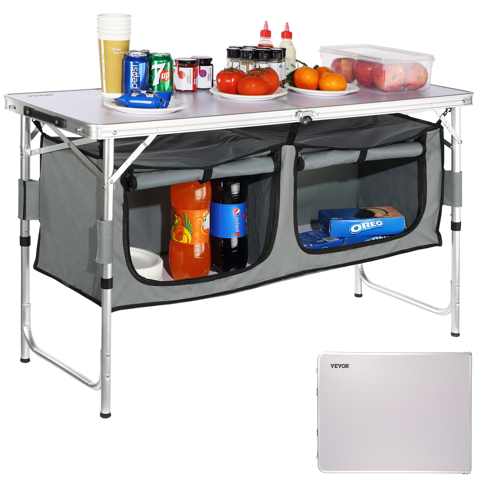 VEVOR Cuisine de Camping 120x47x70 cm Armoire de Camping Pliable Structure en Alu Grand Comptoir Meuble de Cuisine Hauteur Réglable 2 Compartiments avec Poignée de Transport BBQ Pique-Nique Jardin