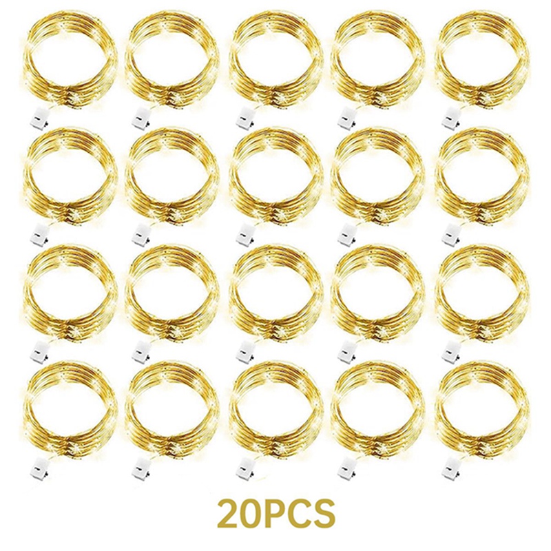 Paquete de 20 luces de hadas, 20LED, 2M, alambre de cobre plateado, alimentado por batería, decoraciones para boda, fiesta, decoración de Navidad