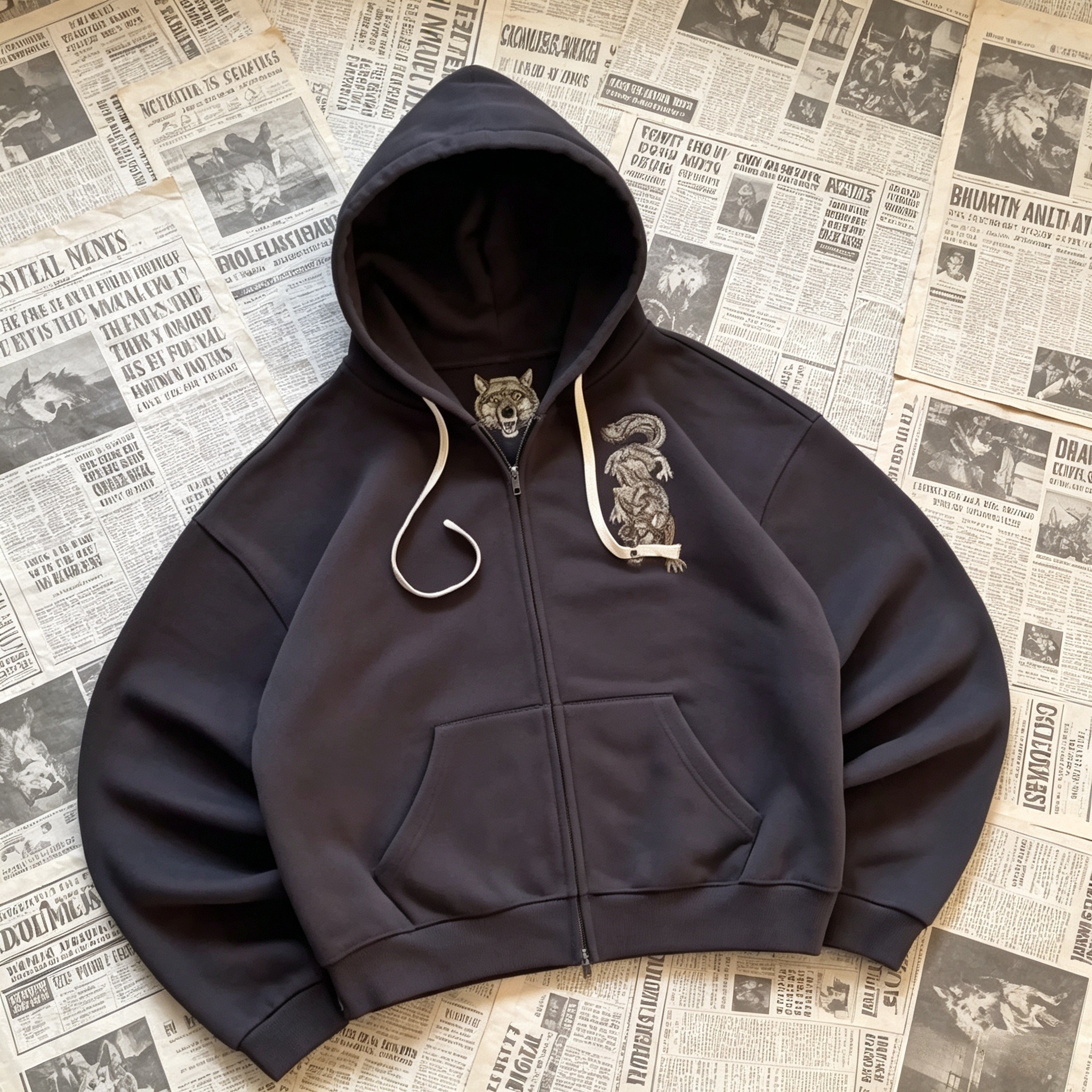 Hoodie Bordado com Lobo Cinza Y2K, Moda Hip Hop Unissex, Moletons com Zíper Duplo, Jaqueta Vintage Oversized Harajuku Dark Street